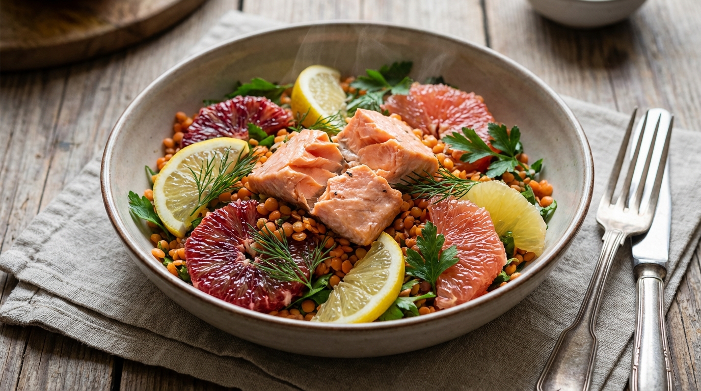 Ma salade tiède de lentilles corail et saumon poché qui booste l’absorption du fer grâce à un agrume bien choisi